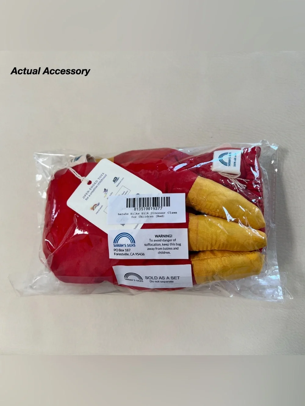 NWT: SARAH’S SILKS DINOSAUR CLAWS IN RED & YELLOW (OS)